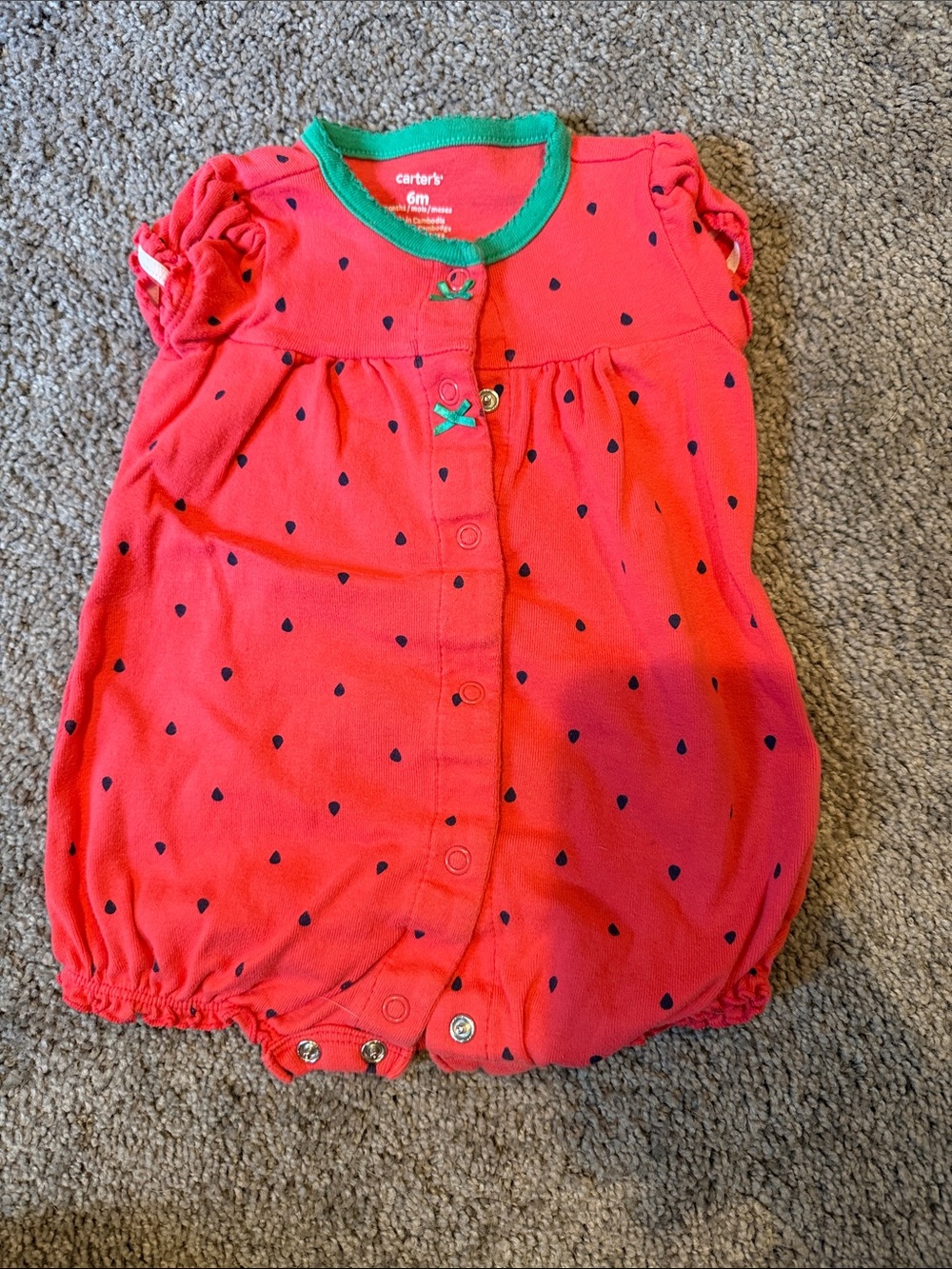 Carter's Coral Pink Strawberry-Dot Baby Romper with Green Trim